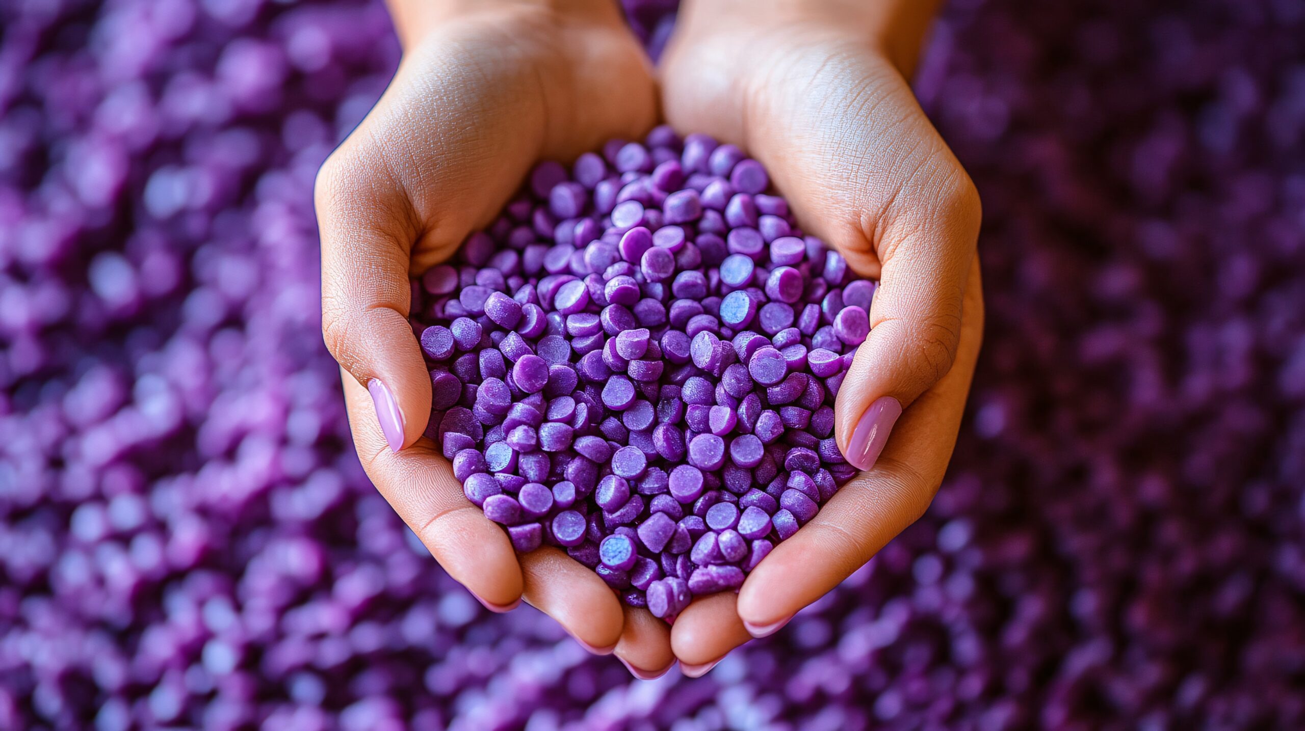 Hands cradling purple biodegradable plastic pellets, showcasing vibrant, eco-friendly solutions for a sustainable and greener future.